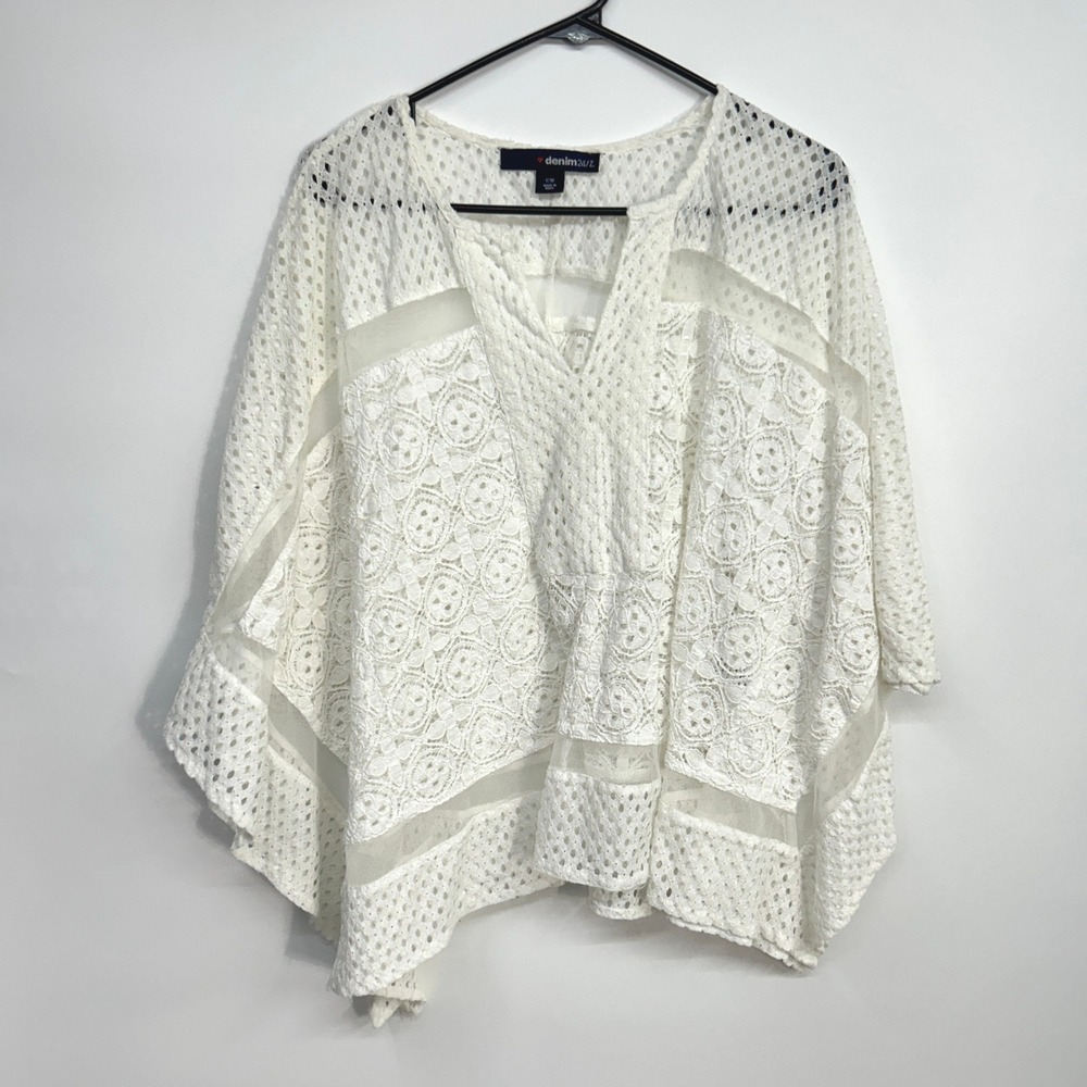 Crochet Lace Kimono Top 12W Ivory Open Front Boho Festival Romantic Cover Up